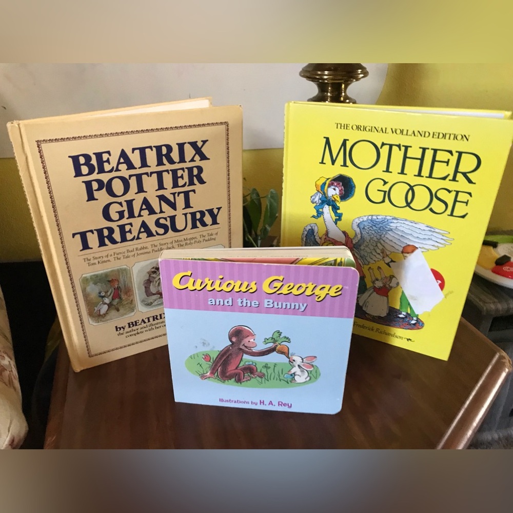 Lot 3 Children Books Beatrix Potter Giant Treasury, Curious George& Mother Goose